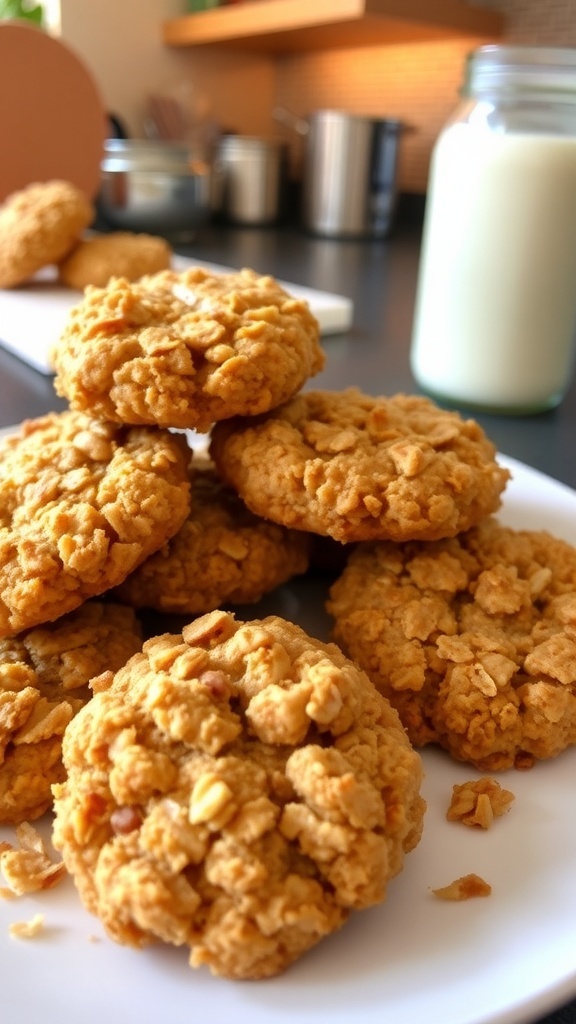 Crispy Coconut Oatmeal Cookies Recipe A plate of crispy coconut oatmeal cookies with oats and coconut, set in a cozy kitchen.